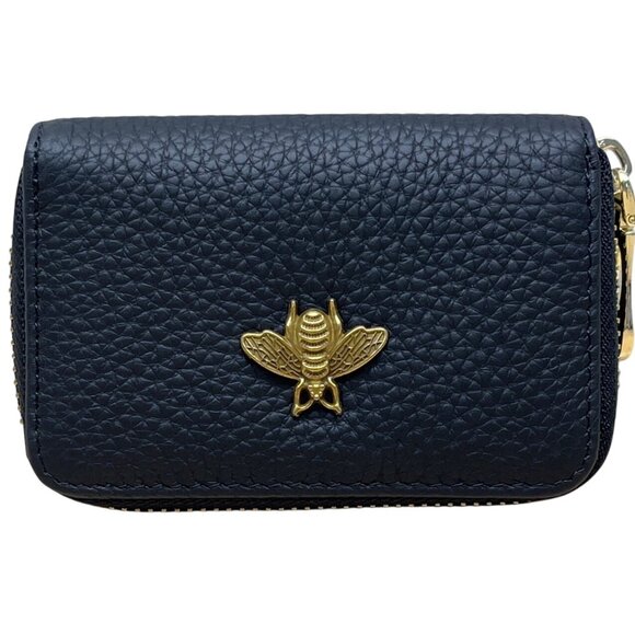 I Meetu Women’s Black Embossed Leather Gold Bee Accent & Zip Closure Wallet - Picture 1 of 10